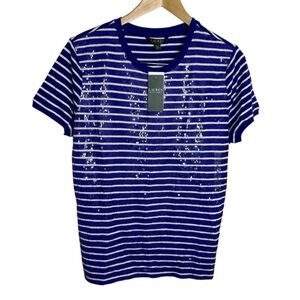 Lauren Ralph Lauren Navy and White Sequined Striped Tee NWT
